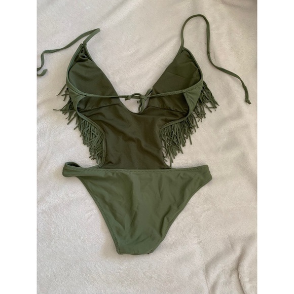 Deep V Olive Green Fringe One Piece Bathing Suit - Picture 2 of 4